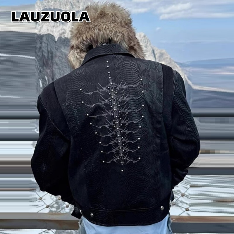Streetwear Zipper - جاكيت رجالي أسود بنقشة جلد الثعبان،