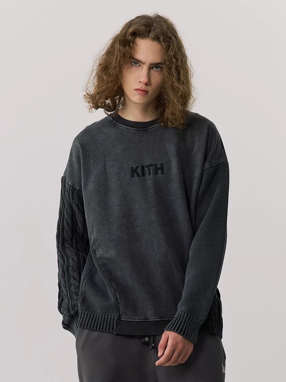 Kith Sweater Knit - هودي رجالي سميك محبوك مغسول برقبة