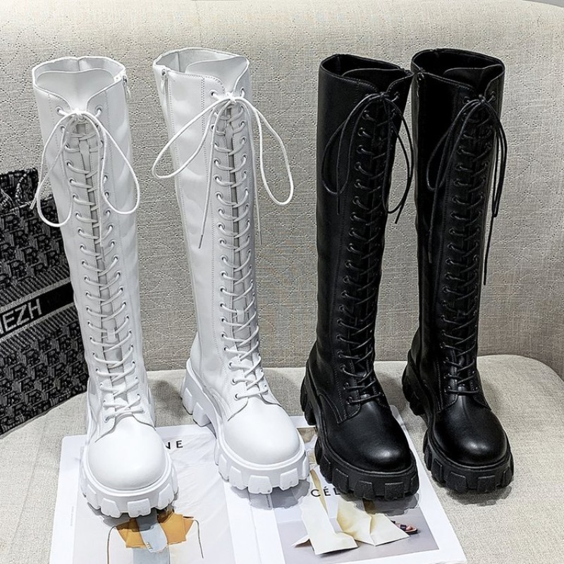 Streetwear Zipper - أحذية نسائية طويلة للركبة برباط، بوتات