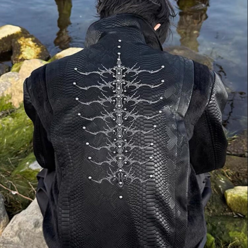 جاكيت رجالي أسود بنقشة جلد الث - مراجعة Streetwear Zipper وسعره
