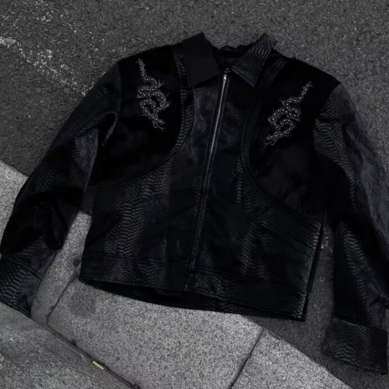 جاكيت رجالي أسود بنقشة جلد الث - مراجعة Streetwear Zipper وسعره