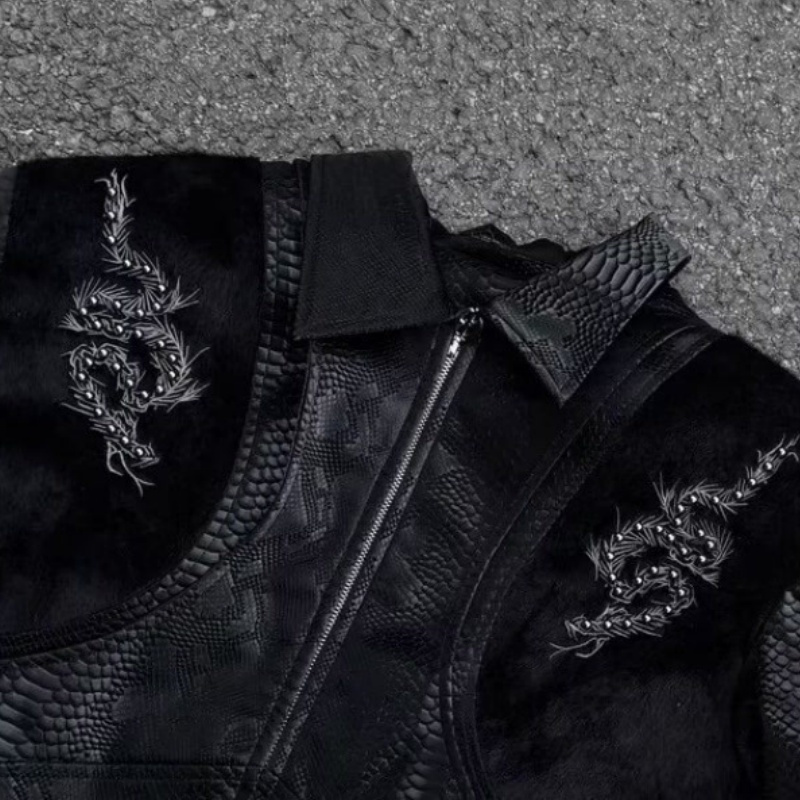 جاكيت رجالي أسود بنقشة جلد الث - مراجعة Streetwear Zipper وسعره